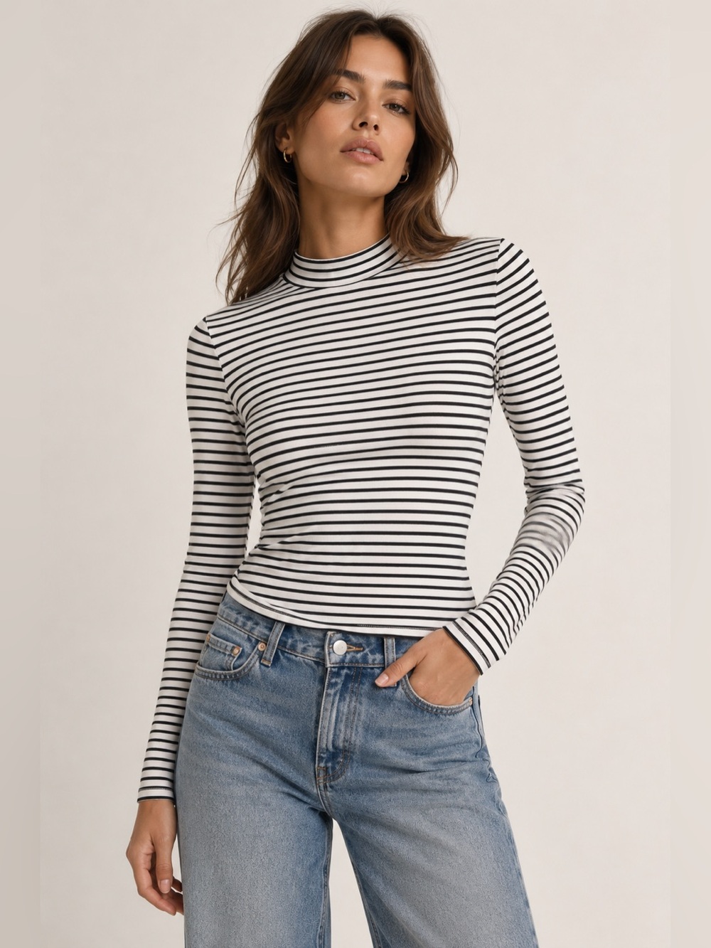 Lulus Black & Ivory Striped Mock Neck Long Sleeve Top S